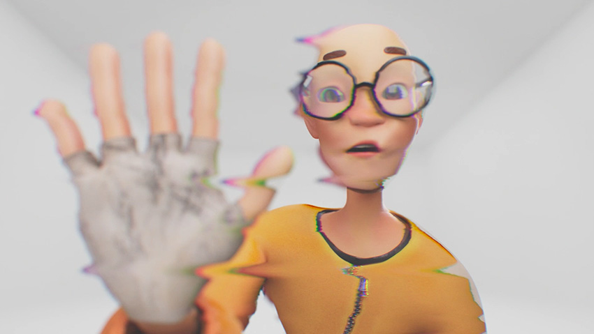 3D Animation still of a man glitching, while touching the fourth wall.