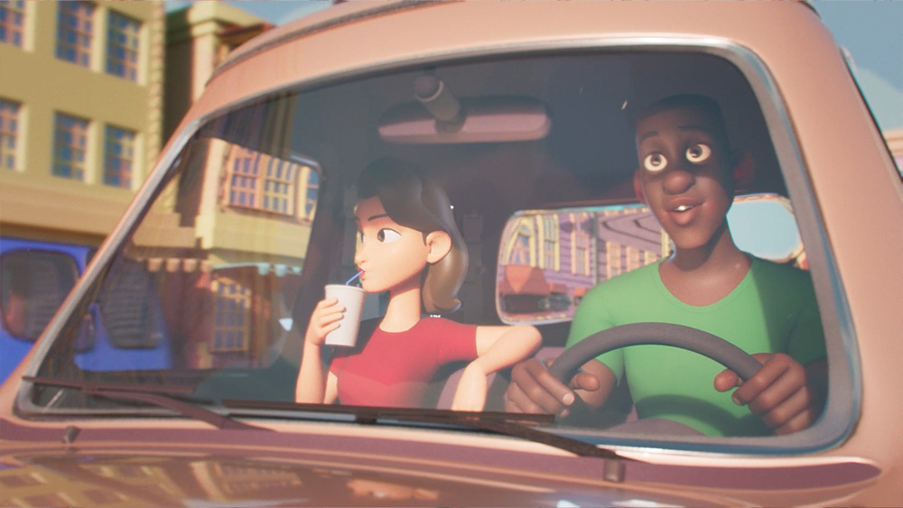 3D Animation Still of two characters in a car.