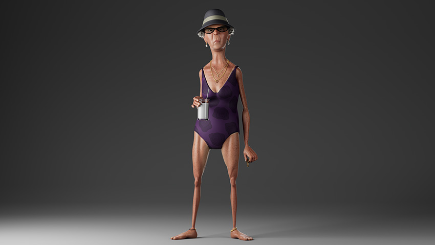 Render of a 3D animated granny wearing a one-piece swimming suit and a bucket hat.