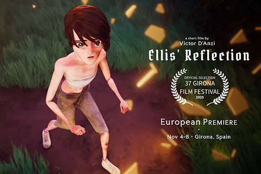 Poster for the European Premiere of Ellis' Reflection at the Girona Film Festival, featuring Ellis looking around in awe as she is surrounded by golden shards of glass.