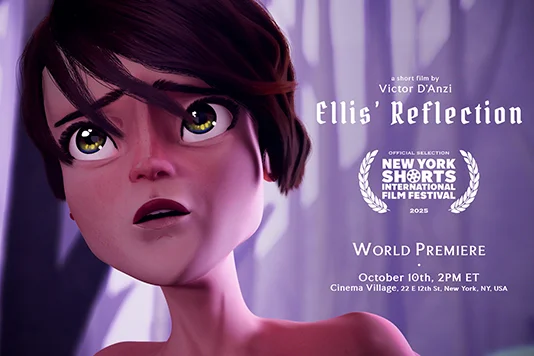 Poster for the World Premiere of Ellis' Reflection at the New York Shorts International Film Festival, featuring a close-up of Ellis scared looking at something off-screen.