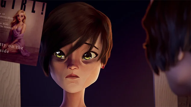 Screenshot from Ellis' Reflection. Ellis is looking at the beautiful woman on the magazine cover pinned to her mirror.