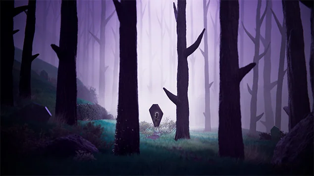 Wide shot of an animated forest covered by a purple mist. A mysterious figure is relected in a coffin-shaped mirror.