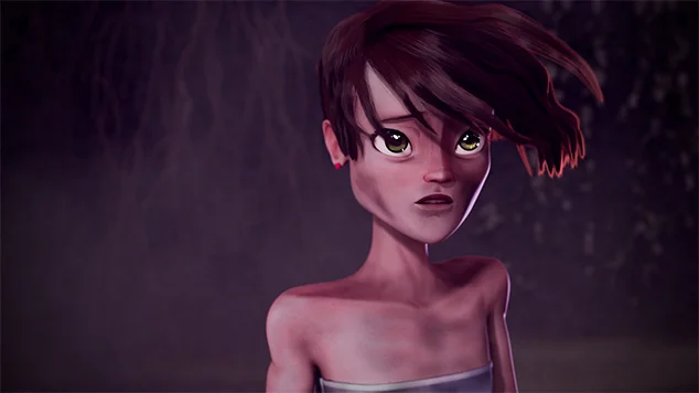 Close-up of Ellis covered in dirt. She's looking at something behind camera.