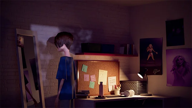 Wide shot of a bedroom at night. Ellis is looking into her mirror