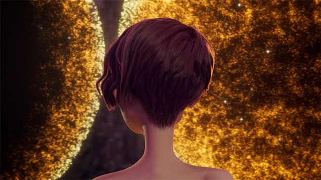 Golden particles are surrounding an animated character like magic.