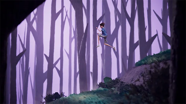Wide shot of a short cliff in the forest, as Ellis leaps over the edge.