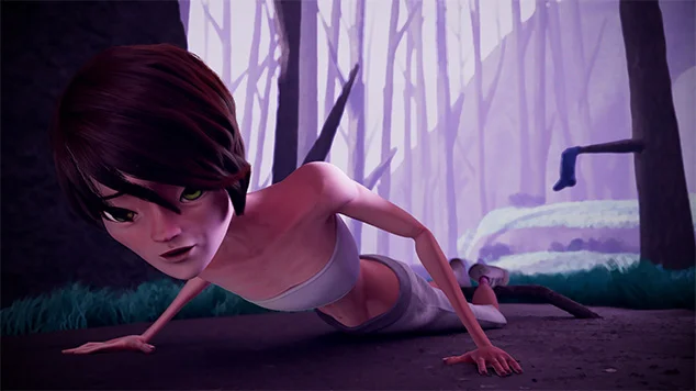 Ellis lying on the ground in the forest.