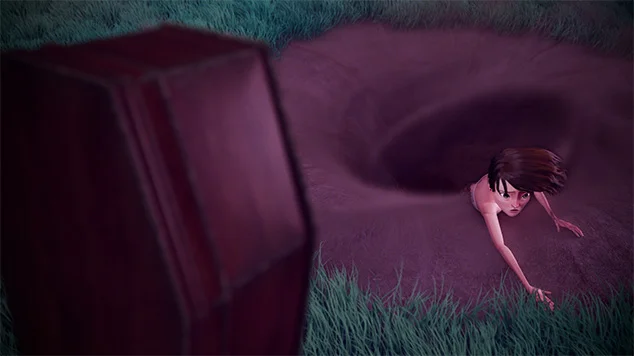 A sinkhole is swallowing Ellis as she reaches to get out. A coffin is in the foreground.