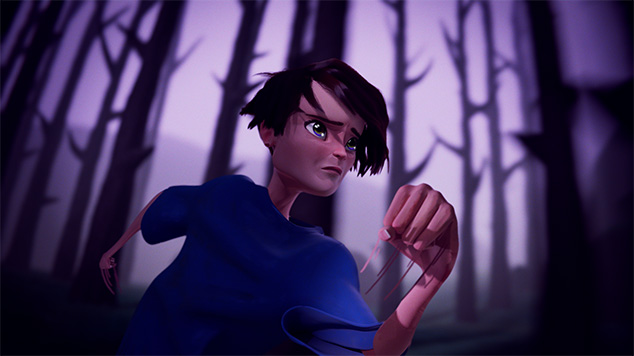 Ellis running in the forest, her expression a mix of determination and fear.
