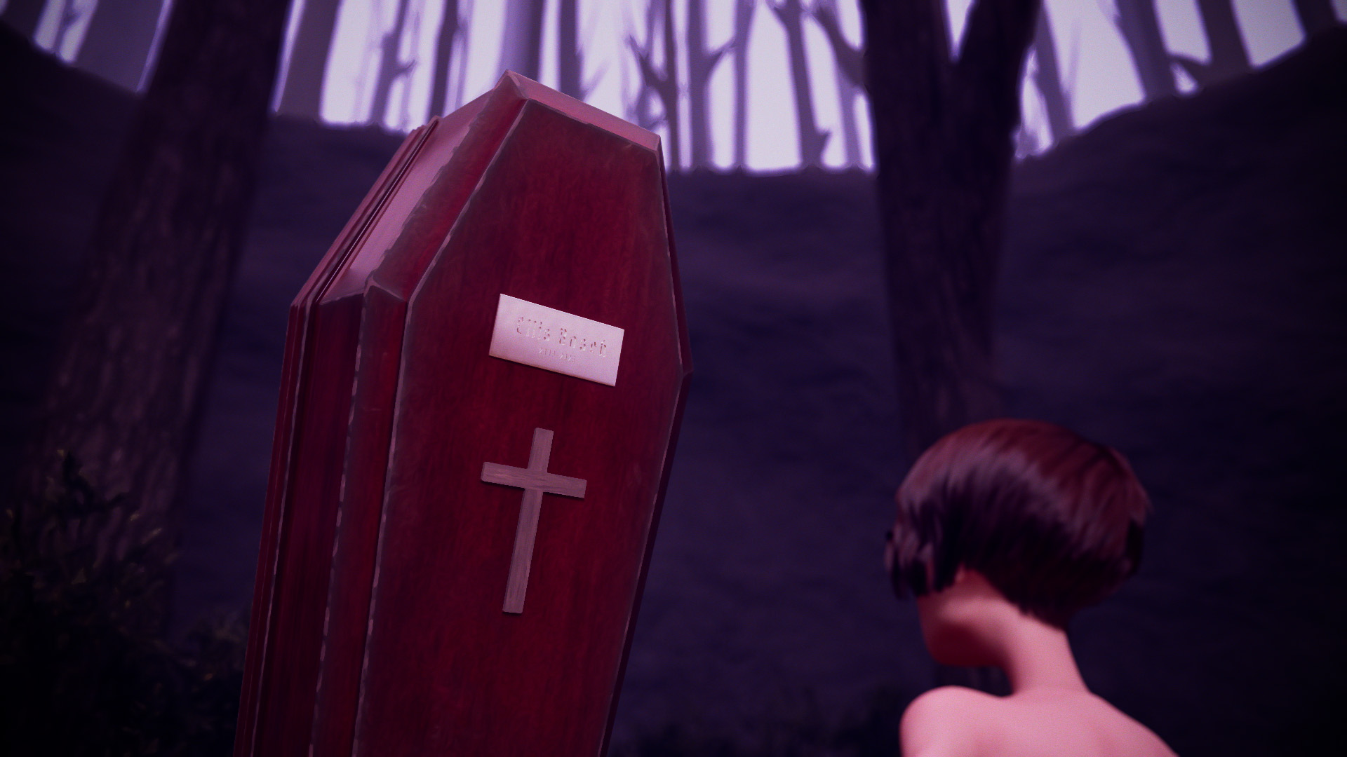 An imposing coffin is facing an animated charcter.