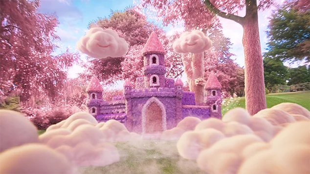 A fuzzy pink castle is surrounded by pink clouds, pink trees, and magic particles. Two cloud characters are smiling in the sky.