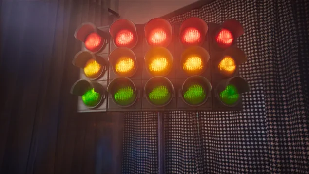 Detail of traffic lights appearing in the kid's living room.